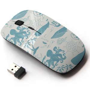 Ocean Art Nautical Icons Theme Print - Ratón inalámbrico, ratón óptico portátil 2.4G con receptor Nano USB para niños, niños.