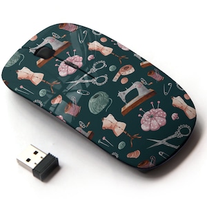 Máquina de coser tema Tijeras Icon Pattern Print - Ratón inalámbrico, ratón óptico portátil 2.4G con receptor Nano USB para niños, niños.
