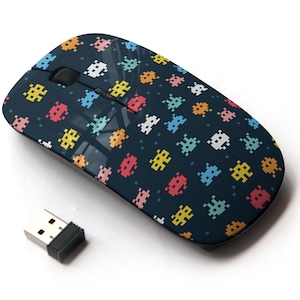 Colorido patrón de impresión de monstruos de píxeles: mouse inalámbrico, mouse óptico portátil 2.4G con receptor Nano USB para niños, niños.