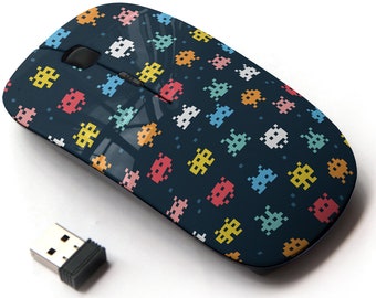 Colorful Pixel Monsters Print Pattern - Wireless Mouse, 2.4G Portable Optical Mouse with Nano USB Receiver for Kids, Children.