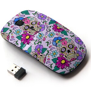 Patrón cardíaco festivo de calaveras de azúcar - ratón inalámbrico, ratón óptico portátil 2.4G con receptor Nano USB para niños, niños.