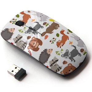Lindos animales del bosque Iconos De impresión de patrones - Ratón inalámbrico, ratón óptico portátil 2.4G con receptor Nano USB para niños, niños.