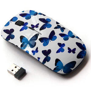 Acuarela Mariposas azules sobre patrón blanco - Ratón inalámbrico, ratón óptico portátil 2.4G con receptor Nano USB para niños, niños.