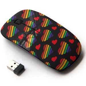 Colorido patrón de impresión de corazón de arco iris gay- ratón inalámbrico, ratón óptico portátil 2.4G con receptor Nano USB para niños, niños.