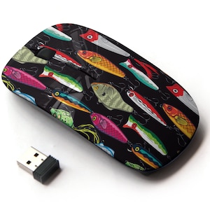 Pop Coloridos señuelos de pesca Iconos Impresión de patrón - Ratón inalámbrico, Ratón óptico portátil 2.4G con receptor Nano USB para niños, niños.
