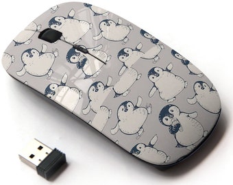 Monochrome Cute Penguins On Print Pattern - Wireless Mouse, 2.4G Portable Optical Mouse with Nano USB Receiver for Kids, Children.