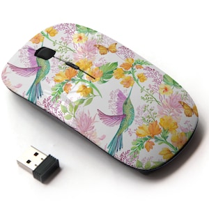 Floral Bird Hummingbird Pattern - Ratón inalámbrico, ratón óptico portátil 2.4G con receptor Nano USB para niños, niños.