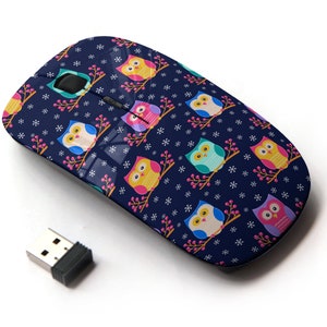 Lindo colorido búho plano patrón de impresión sentado - ratón inalámbrico, ratón óptico portátil 2.4G con receptor Nano USB para niños, niños.