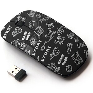 Videojuego en patrón de impresión - ratón inalámbrico, ratón óptico portátil 2.4G con receptor Nano USB para niños, niños.