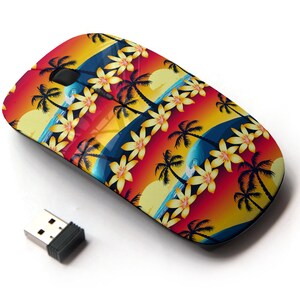 Hermosa impresión tropical de hibisco palmera Sunset Print - ratón inalámbrico, ratón óptico portátil 2.4G con receptor Nano USB para niños, niños.