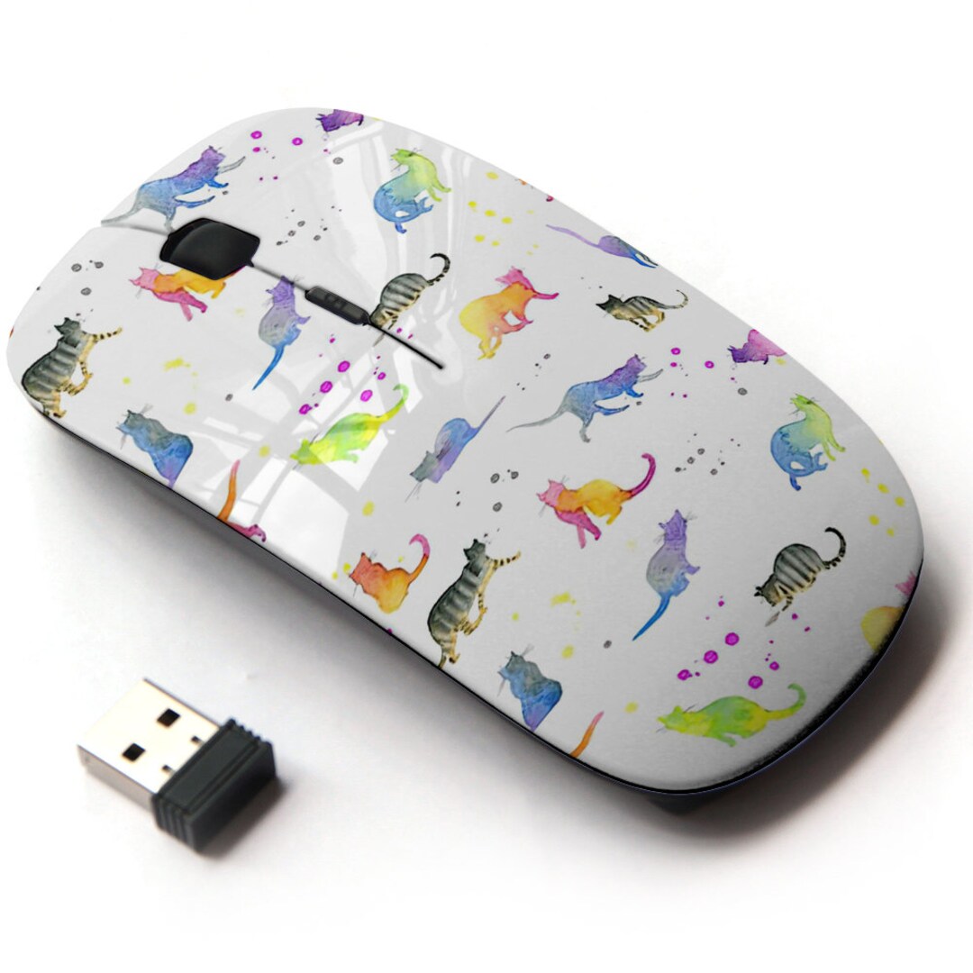 Cute Watercolor Cat on Pattern - Wireless Mouse, 2.4G Portable Optical ...