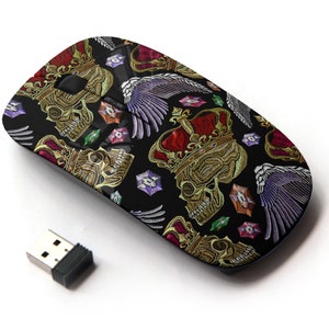 Patrón de calavera de corona dorada bordado - Ratón inalámbrico, ratón óptico portátil 2.4G con receptor Nano USB para niños, niños.
