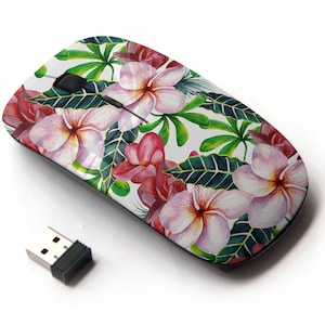 May include: A wireless computer mouse with a tropical floral design. The mouse features pink and red flowers with green leaves on a white background.