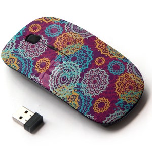Impresión de patrón de mandalas orientales multicolores - ratón inalámbrico, ratón óptico portátil 2.4G con receptor Nano USB para niños, niños.