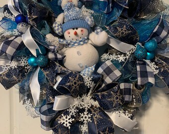 Blue snowman winter holiday Christmas wreath