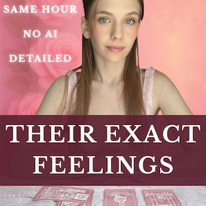 May include: A person with long brown hair wearing a light pink top, positioned in front of a pink rose background. Text reads SAME HOUR, NO AI, DETAILED, and THEIR EXACT FEELINGS. Four pink tarot cards are laid out on a white surface in the foreground.