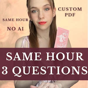 May include: A person holding a pink tarot card with text overlays reading CUSTOM PDF, SAME HOUR, NO AI, and SAME HOUR 3 QUESTIONS. Several pink tarot cards are laid out on a white surface in front of the person, who wears a ring on their finger.
