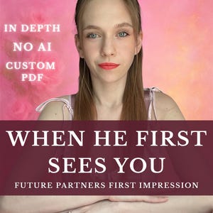 May include: A person with long brown hair wearing a pink top, positioned behind a table with four tarot cards. Text on the image reads: IN DEPTH NO AI CUSTOM PDF, WHEN HE FIRST SEES YOU, FUTURE PARTNERS FIRST IMPRESSION. The background is pink.