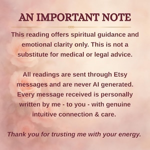 May include: A digital image with a soft pink and cream background, featuring the text "AN IMPORTANT NOTE" in dark brown. The text provides information about spiritual guidance, emotional clarity, and Etsy messages.