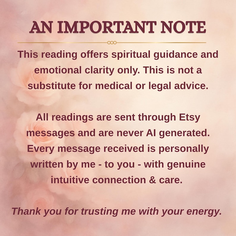 May include: A digital image with a soft pink and cream background, featuring the text "AN IMPORTANT NOTE" in dark brown. The text provides information about spiritual guidance, emotional clarity, and Etsy messages.