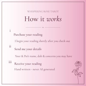 May include: A square informational graphic with a pink gradient background featuring the text Whispering Rose Tarot How it works. It lists three steps: i Purchase your reading, ii Send me your details including names, dob and concerns, and iii Receive your reading which is hand written and never AI generated. A line drawing of a rose is in the bottom right corner.
