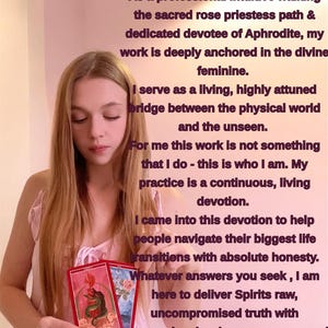 May include: A person holding two tarot cards with illustrations of a snake and roses. The cards are red with white borders. Text in the background describes spiritual readings and devotion.