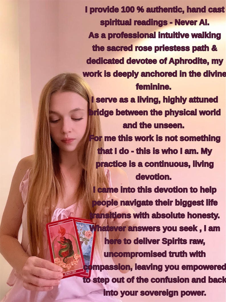 May include: A person holding two tarot cards with illustrations of a snake and roses. The cards are red with white borders. Text in the background describes spiritual readings and devotion.