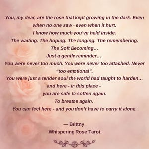 May include: A soft, romantic image with a quote about self-love and healing. The text is set against a blurred background of pink roses. The quote is from Brittny, Whispering Rose Tarot.