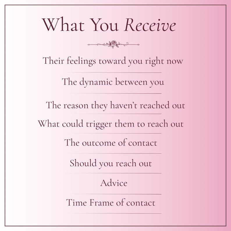 May include: A square graphic with a pink gradient background featuring the text What You Receive followed by a list of topics including Their feelings toward you right now, The dynamic between you, The reason they haven't reached out, What could trigger them to reach out, The outcome of contact, Should you reach out, Advice, and Time Frame of contact.
