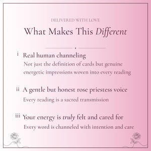 Op de afbeelding: Een vierkante afbeelding met een roze gradi&euml;ntachtergrond met de tekst: DELIVERED WITH LOVE, What Makes This Different, i Real human channeling, ii A gentle but honest rose priestess voice, iii Your energy is truly felt and cared for.