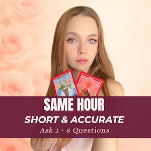 以下が含まれることがあります： 花柄のデザインが施された2枚のタロットカードを持つ女性。カードは赤色で白い縁取りがあります。画像には「SAME HOUR, SHORT & ACCURATE, Ask 1 - 8 Questions」と書かれています。背景には柔らかなピンク色のバラが描かれています。