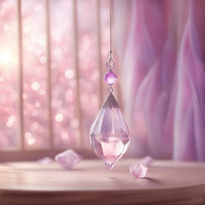 Puede incluir: Un colgante de cristal rosa cuelga de una cadena plateada. El cristal está facetado y tiene un diseño delicado y ornamentado. El colgante está rodeado de un fondo rosa suave.