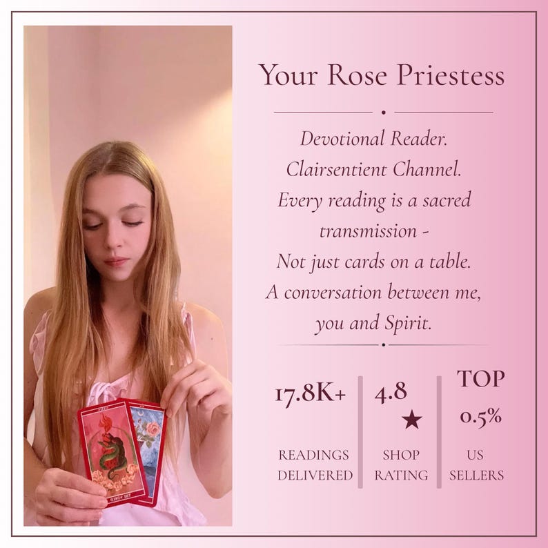 May include: A person with long blonde hair holding two tarot cards with red and blue borders. The text reads: Your Rose Priestess, Devotional Reader, Clairsentient Channel, Every reading is a sacred transmission, Not just cards on a table, A conversation between me, you and Spirit, 17.8K+ Readings Delivered, 4.8 Shop Rating, TOP 0.5% US Sellers.