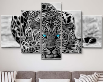 Black and White Leopard 5 Piece Canvas Wall Art, Large Framed Canvas Wall Art, Extra Large Framed 5 Panel Canvas Wall Art, Wrapped Gallery