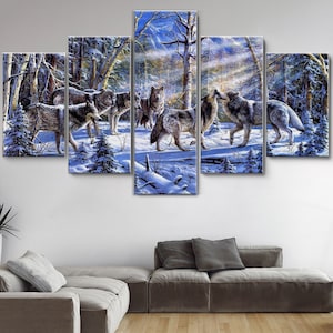 Wölfe in einem verschneiten Wald 5 Stück Leinwand Wandkunst, große gerahmte Leinwand Wandkunst, extra große gerahmte 5 Panel Wandkunst, eingewickelte Galeriekunst
