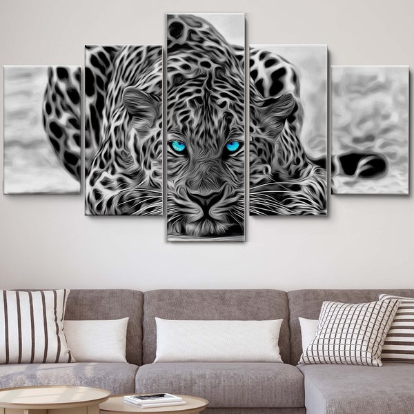 Black and White Leopard 5 Piece Canvas Wall Art, Large Framed Canvas Wall Art, Extra Large Framed 5 Panel Canvas Wall Art, Wrapped Gallery