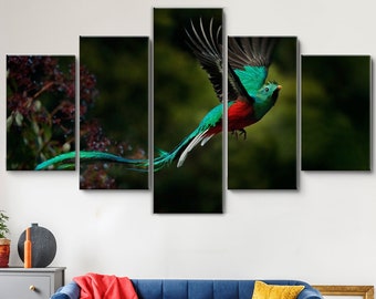 Flying Resplendent Quetzal, Pharomachrus Mocinno 5 Pieces Canvas Wall Art, Large Framed Canvas Wall Art, Extra Large Framed 5 Panel Wall Art