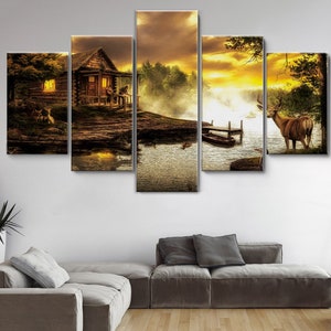 Old Wooden House with Deer in Lake Forest 5 Pieces Canvas Wall Art, Large Framed Canvas Wall Art, Extra Large Framed 5 Panel Canvas Wall Art