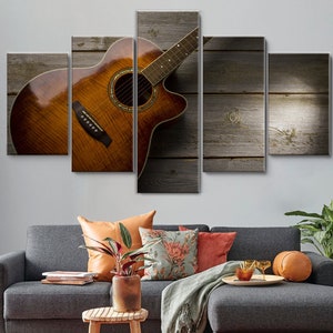 Wooden Guitar Brown 5 Pieces Canvas Wall Art, Large Framed Canvas Wall Art, Extra Large Framed 5 Panel Canvas Wall Art, Wrapped Gallery Art