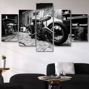 Vintage Motorcycle Workshop Black White 5 Piece Canvas Wall Art, Large Framed Canvas Wall Art, Extra Large Framed 5 Panel Canvas Wall Art