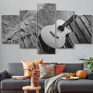 Retro Guitar on Beach 5 Pieces Canvas Wall Art, Large Framed Canvas Wall Art, Extra Large Framed 5 Panel Canvas Wall Art, Wrapped Gallery