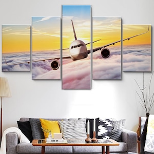 Airplane Flying in Golden Sunset 5 Pieces Canvas Wall Art, Large Framed Canvas Wall Art, Extra Large Framed 5 Panel Canvas Wall Art Wrapped