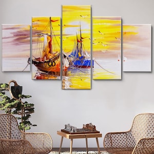 Oil Painting Boat in Sunset 5 Pieces Canvas Wall Art, Large Framed Canvas Wall Art, Extra Large Framed 5 Panel Canvas Wall Art, Wrapped Art