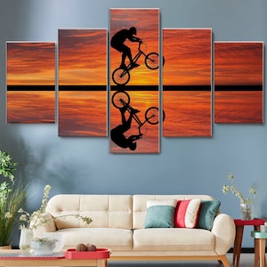 BMX at Sunset 5 Pieces Canvas Wall Art, Large Framed Canvas Wall Art, Extra Large Framed 5 Panel Canvas Wall Art, Wrapped Gallery Decoration
