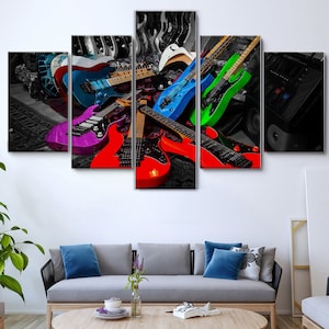 Abstract Art Guitar Colorful 5 Pieces Canvas Wall Art, Large Framed Canvas Wall Art, Extra Large Framed 5 Panel Canvas Wall Art Wrapped