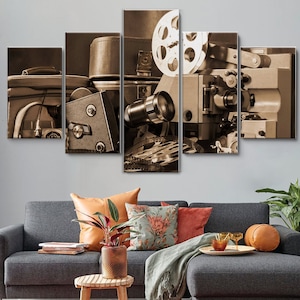 Vintage Movies Equipment Film Camera 5 Piece Canvas Wall Art, Large Framed Canvas Wall Art, Extra Large Framed 5 Panel Canvas Wall Art Decor