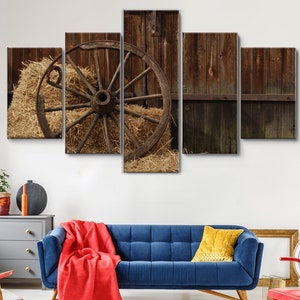 Antique Vintage Wheel in Country Barn 5 Piece Canvas Wall Art, Large Framed Canvas Wall Art, Extra Large Framed 5 Panel Canvas Wall Art