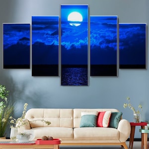 Full Moon Over the Sea 5 Pieces Canvas Wall Art, Large Framed Canvas Wall Art, Extra Large Framed 5 Panel Wall Art, Wrapped Gallery Art