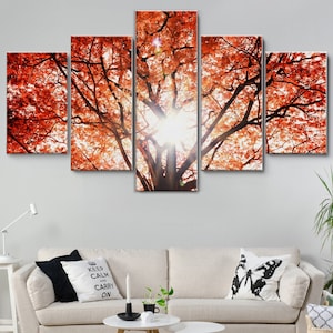 Forest Sunshine rote Ahornblätter 5 Stück Leinwand Wandkunst, große gerahmte Leinwand Wandkunst, extra große gerahmte 5 Panel Leinwand Wandkunst gewickelt