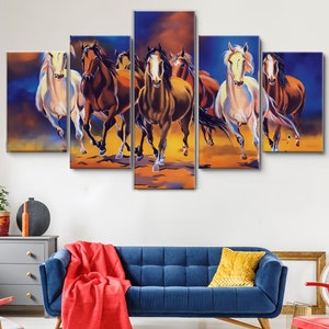 Seven Horse Painting 5 Piece Canvas Wall Art, Large Framed Canvas Wall Art, Extra Large Framed 5 Panel Canvas Wall Art, Wrapped Gallery Art
